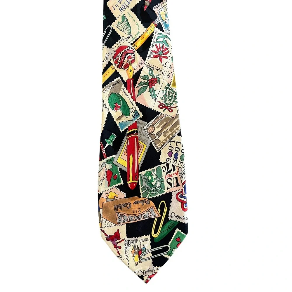 NICOLE MILLER VINTAGE 90s Novelty Print US Postage Stamp Silk Tie